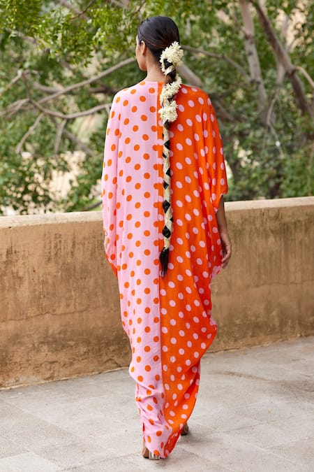 Shop_Nimbu Mirchi_Pink Crepe V-neck Polka Dot Print Kaftan _at_Aza_Fashions