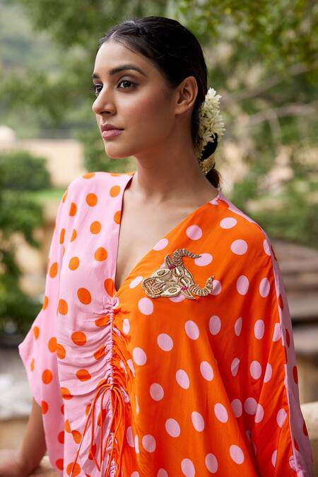 Nimbu Mirchi_Pink Crepe V-neck Polka Dot Print Kaftan _Online_at_Aza_Fashions