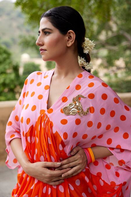 Buy_Nimbu Mirchi_Pink Crepe Brooches V-neck Polka Dot Print Bull Kaftan_Online_at_Aza_Fashions