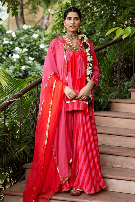 Nimbu Mirchi Red Crepe Embroidered Lace Notched Peplum Kurta Sharara Set  
