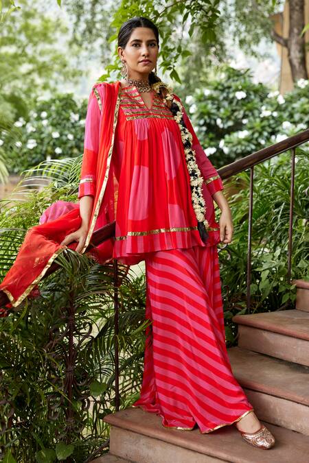 Nimbu Mirchi_Red Crepe, Chiffon Lace Split V-neck Embroidered Peplum Kurta Sharara Set_Online_at_Aza_Fashions