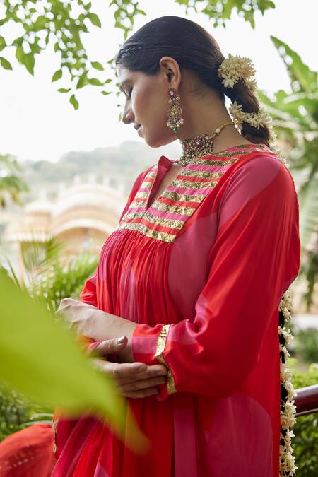 Buy_Nimbu Mirchi_Red Crepe, Chiffon Lace Split V-neck Embroidered Peplum Kurta Sharara Set_Online_at_Aza_Fashions