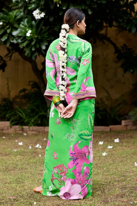 Shop Nimbu Mirchi Green Crepe Lace Mandarin Collar Embroidered Maxi Dress at Aza Fashions Shop_Nimbu Mirchi_Green Crepe Lace Mandarin Collar Embroidered Maxi Dress_at_Aza_Fashions