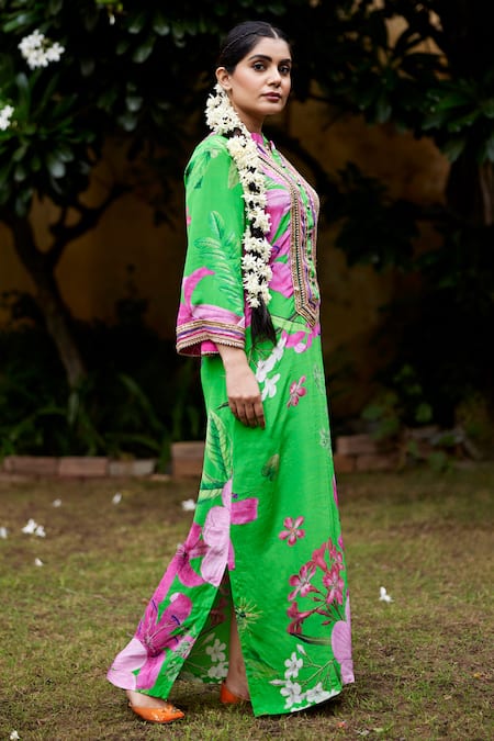 Nimbu Mirchi Green Crepe Lace Mandarin Collar Embroidered Maxi Dress Online at Aza Fashions Nimbu Mirchi_Green Crepe Lace Mandarin Collar Embroidered Maxi Dress_Online_at_Aza_Fashions