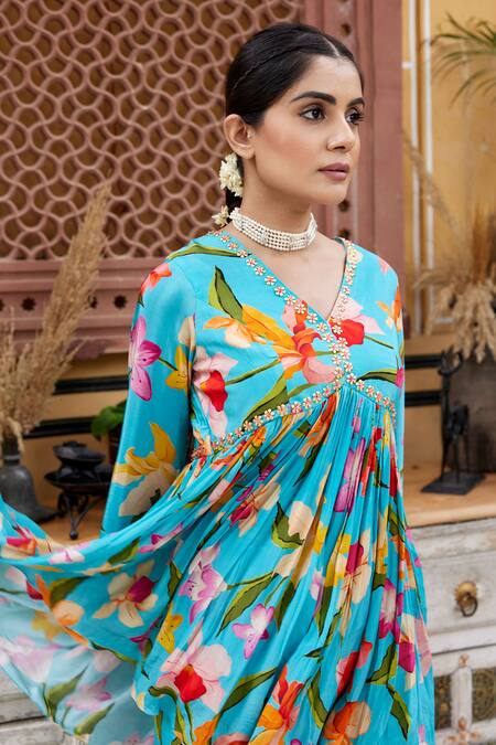 Buy_Nimbu Mirchi_Blue Crepe, Chiffon Embroidery V-neck Embellished Peplum Kurta Sharara Set_Online_at_Aza_Fashions