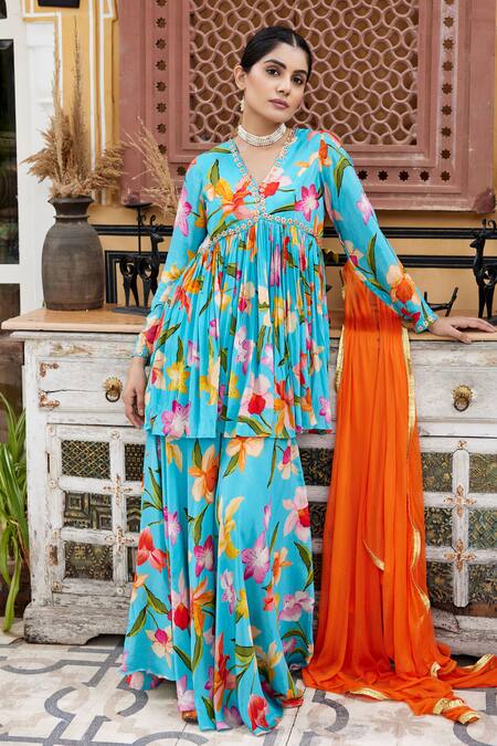 Shop_Nimbu Mirchi_Blue Crepe, Chiffon Embroidery V-neck Embellished Peplum Kurta Sharara Set_Online_at_Aza_Fashions