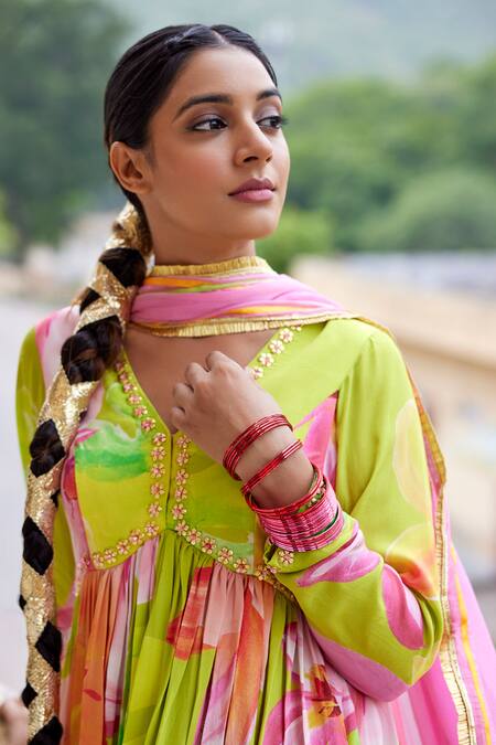 Nimbu Mirchi_Green Crepe, Chiffon Sequins V-neck Floral Embellished Peplum Kurta Sharara Set_Online_at_Aza_Fashions