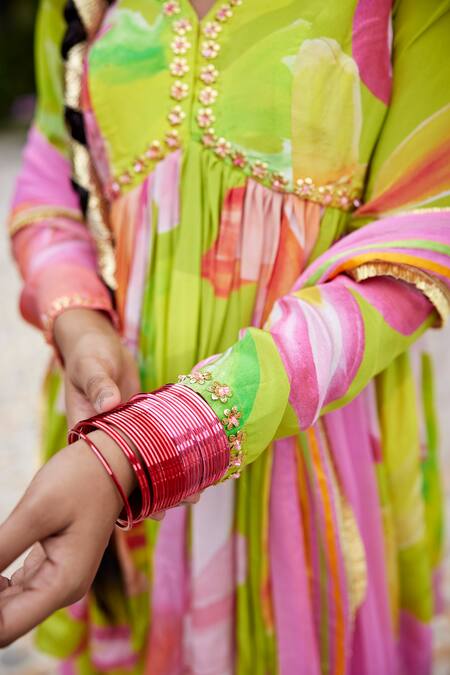 Buy_Nimbu Mirchi_Green Crepe, Chiffon Sequins V-neck Floral Embellished Peplum Kurta Sharara Set_Online_at_Aza_Fashions