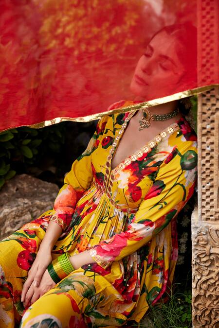 Nimbu Mirchi_Yellow Crepe, Chiffon Sequins Floral Print Embellished Peplum Kurta Sharara Set_Online_at_Aza_Fashions