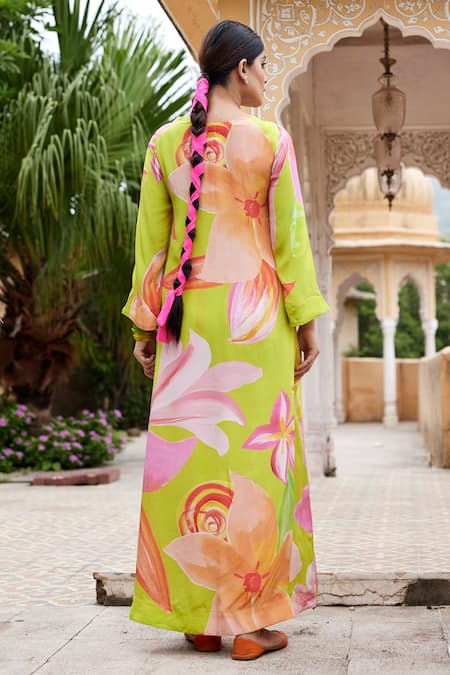 Shop Nimbu Mirchi Green Crepe Sequins V-neck Floral Print Asymmetric Kurta And Pant Set at Aza Fashions Shop_Nimbu Mirchi_Green Crepe Sequins V-neck Floral Print Asymmetric Kurta And Pant Set_at_Aza_Fashions