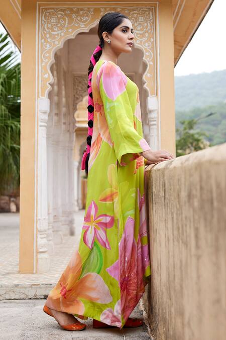 Shop Nimbu Mirchi Green Crepe Sequins V-neck Floral Print Asymmetric Kurta And Pant Set Online at Aza Fashions Shop_Nimbu Mirchi_Green Crepe Sequins V-neck Floral Print Asymmetric Kurta And Pant Set_Online_at_Aza_Fashions