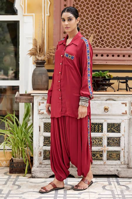 Nimbu Mirchi Maroon Crepe Embroidered Resham Collared Shirt Kurta And Harrem Pant Set  