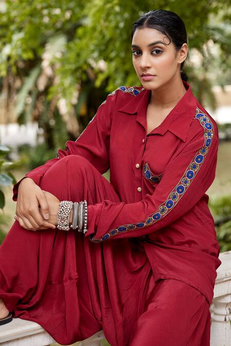 Shop_Nimbu Mirchi_Maroon Crepe Embroidery Collared Shirt Kurta And Harrem Pant Set _Online_at_Aza_Fashions