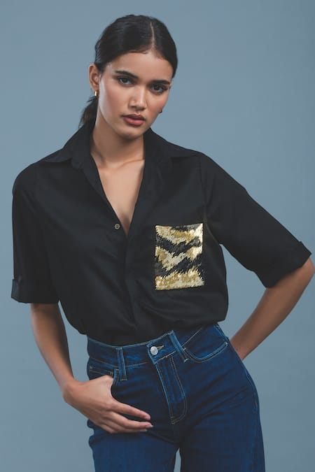Buy_Pallavi Swadi_Black Cotton Satin Cut Work Collared Embellished Pocket Shirt _Online_at_Aza_Fashions