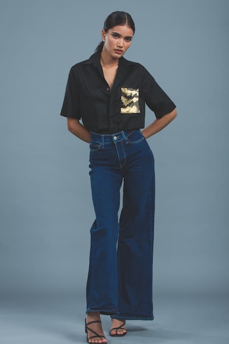 Shop_Pallavi Swadi_Black Cotton Satin Cut Work Collared Embellished Pocket Shirt _Online_at_Aza_Fashions