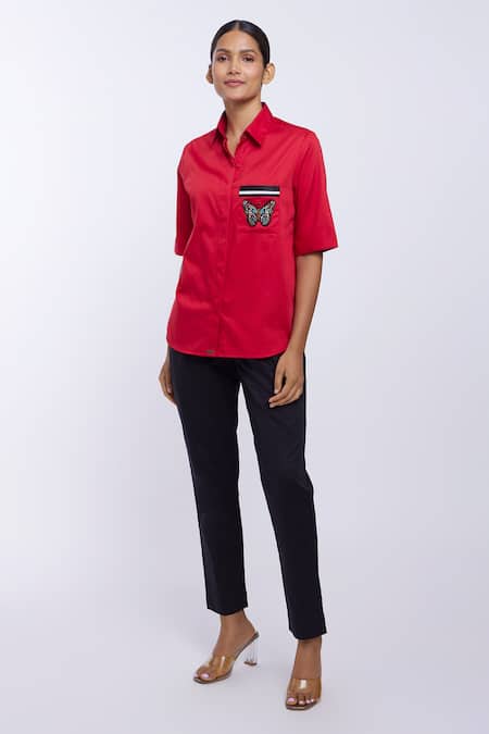 Buy_Pallavi Swadi_Red Cotton Satin Embroidery Collared Butterfly Pattern Placement Shirt_Online_at_Aza_Fashions