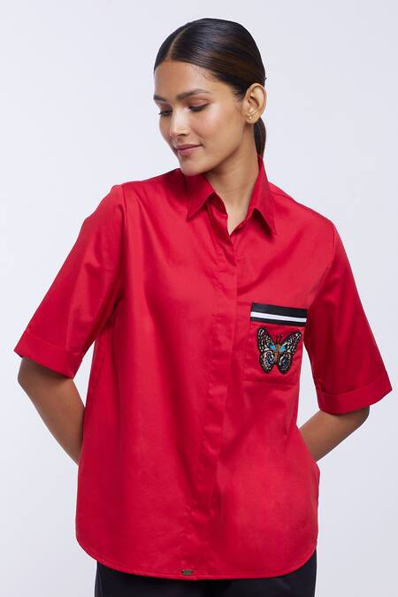Shop_Pallavi Swadi_Red Cotton Satin Embroidery Collared Butterfly Pattern Placement Shirt_Online_at_Aza_Fashions