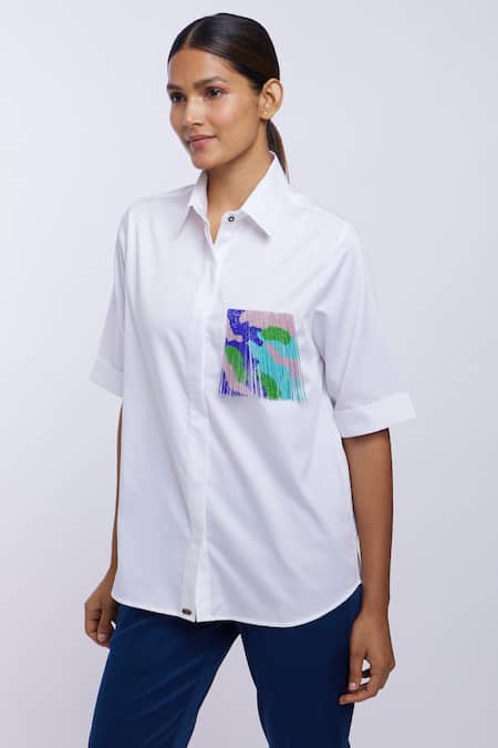 Pallavi Swadi_White Cotton Satin Tassels Collared Thread Taselled Shirt_Online_at_Aza_Fashions