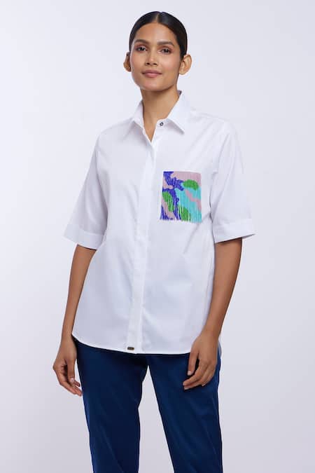 Shop_Pallavi Swadi_White Cotton Satin Tassels Collared Thread Taselled Shirt_Online_at_Aza_Fashions