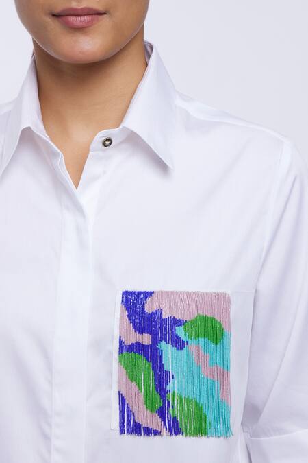Pallavi Swadi_White Cotton Satin Tassels Collared Thread Taselled Shirt_at_Aza_Fashions