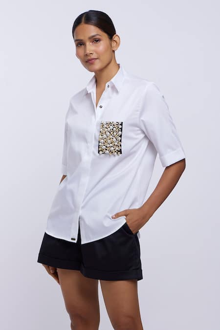 Buy Pallavi Swadi White Cotton Satin Pearls, Rhinestones Shawl Neck Patchwork Shirt Online at Aza Fashions Buy_Pallavi Swadi_White Cotton Satin Pearls, Rhinestones Shawl Neck Patchwork Shirt _Online_at_Aza_Fashions