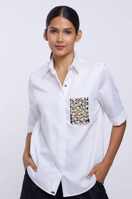 Shop Pallavi Swadi White Cotton Satin Pearls, Rhinestones Shawl Neck Patchwork Shirt Online at Aza Fashions Shop_Pallavi Swadi_White Cotton Satin Pearls, Rhinestones Shawl Neck Patchwork Shirt _Online_at_Aza_Fashions