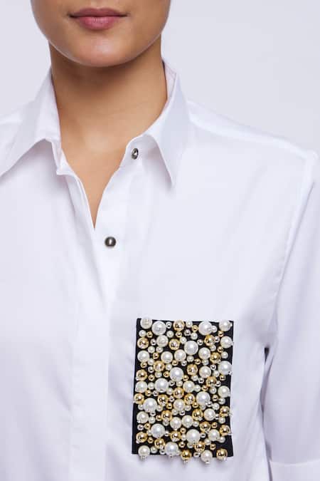 Pallavi Swadi White Cotton Satin Pearls, Rhinestones Shawl Neck Patchwork Shirt at Aza Fashions Pallavi Swadi_White Cotton Satin Pearls, Rhinestones Shawl Neck Patchwork Shirt _at_Aza_Fashions