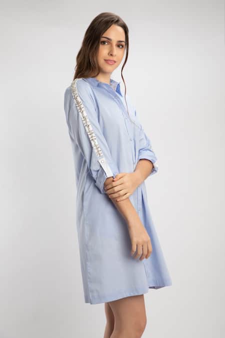 Pallavi Swadi_Blue Cotton Satin Crystals Collared Sleeve Embroidered Shirt Dress _Online_at_Aza_Fashions