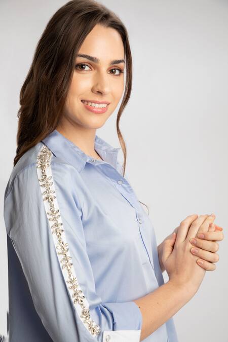 Buy_Pallavi Swadi_Blue Cotton Satin Crystals Collared Sleeve Embroidered Shirt Dress _Online_at_Aza_Fashions