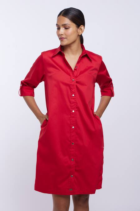 Buy_Pallavi Swadi_Red Cotton Satin Collared Solid Front Buttoned Shirt Dress_Online_at_Aza_Fashions