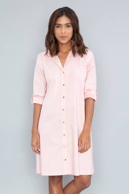 Shop Pallavi Swadi Peach Cotton Satin Collared Front Buttoned Solid Shirt Dress at Aza Fashions Shop_Pallavi Swadi_Peach Cotton Satin Collared Front Buttoned Solid Shirt Dress_at_Aza_Fashions