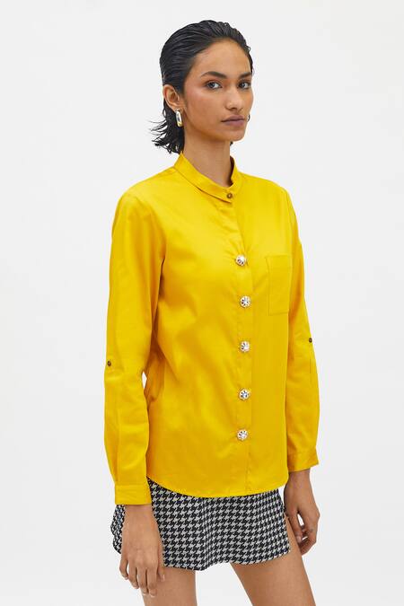 Pallavi Swadi_Yellow Cotton Satin Stones Bandeau Neck Button Hand Embroidered Shirt_Online_at_Aza_Fashions