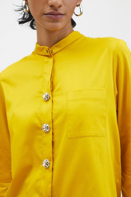 Buy_Pallavi Swadi_Yellow Cotton Satin Stones Bandeau Neck Button Hand Embroidered Shirt_Online_at_Aza_Fashions
