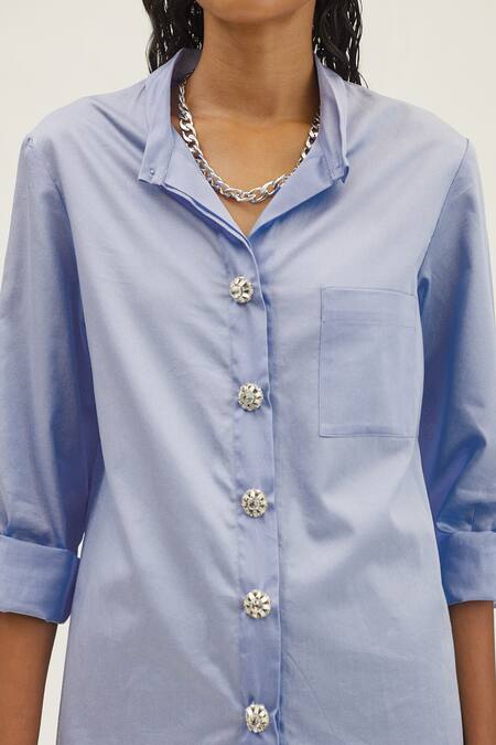 Buy_Pallavi Swadi_Blue Cotton Satin Embroidery Collared Button Shirt_Online_at_Aza_Fashions