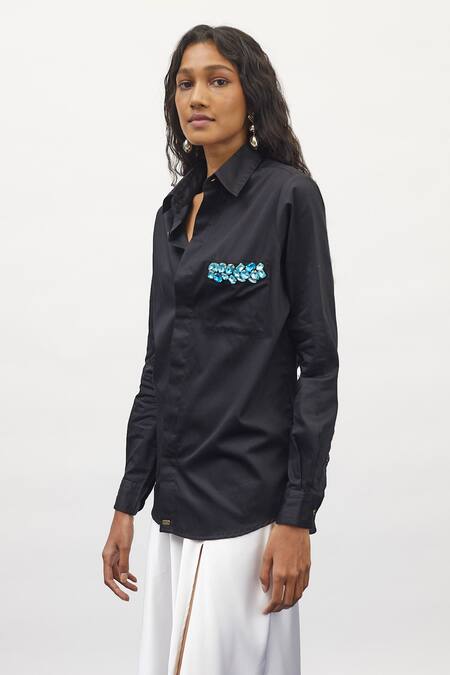 Pallavi Swadi_Blue Cotton Satin Embroidery Collared Pocket Hand Shirt_Online_at_Aza_Fashions