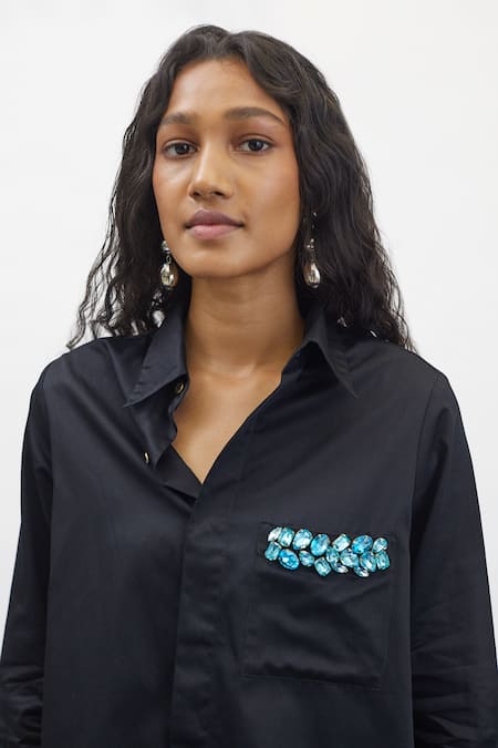 Buy_Pallavi Swadi_Blue Cotton Satin Embroidery Collared Pocket Hand Shirt_Online_at_Aza_Fashions