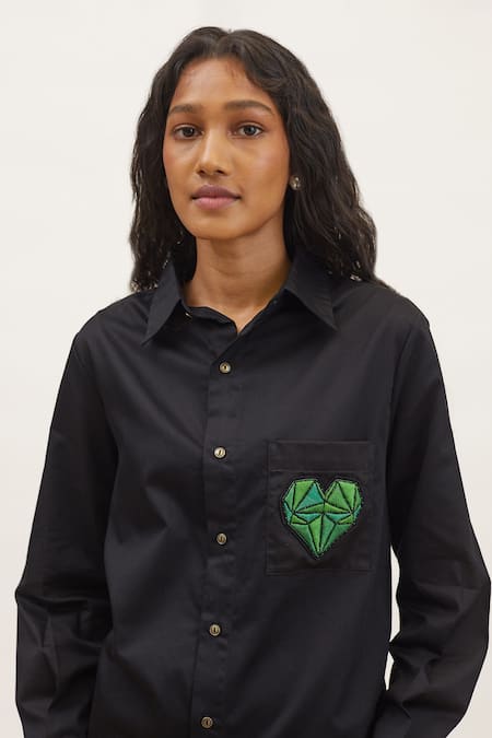 Pallavi Swadi_Blue Cotton Satin Embroidery Collared Pocket Shirt_Online_at_Aza_Fashions