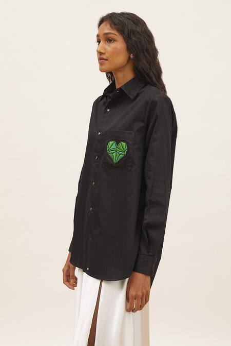 Buy_Pallavi Swadi_Blue Cotton Satin Embroidery Collared Pocket Shirt_Online_at_Aza_Fashions