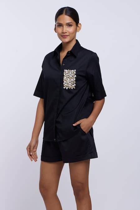 Pallavi Swadi_Black Cotton Satin Pearls Collared Pocket Hand Embroidered Shirt And Shorts Set_Online_at_Aza_Fashions
