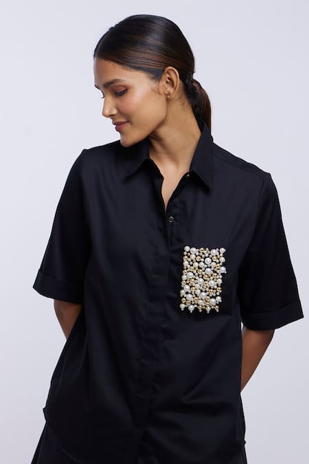 Buy_Pallavi Swadi_Black Cotton Satin Pearls Collared Pocket Hand Embroidered Shirt And Shorts Set_Online_at_Aza_Fashions