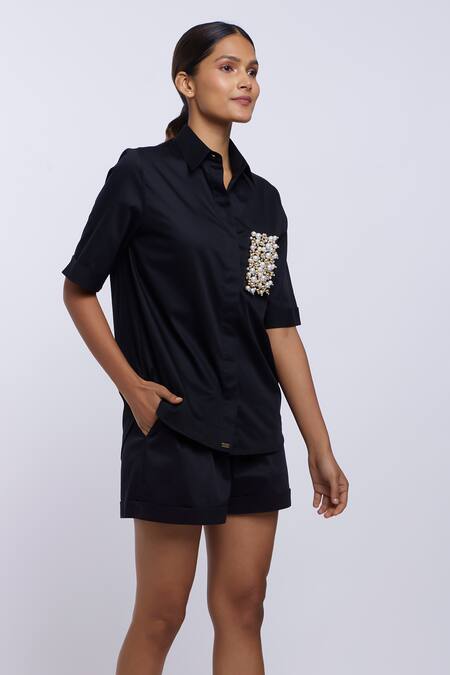 Shop_Pallavi Swadi_Black Cotton Satin Pearls Collared Pocket Hand Embroidered Shirt And Shorts Set_Online_at_Aza_Fashions