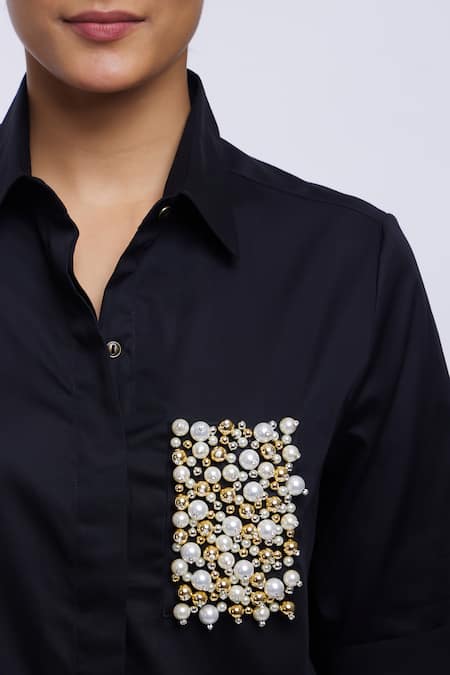 Pallavi Swadi_Black Cotton Satin Pearls Collared Pocket Hand Embroidered Shirt And Shorts Set_at_Aza_Fashions