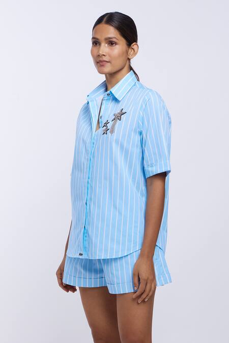 Buy_Pallavi Swadi_Blue Cotton Satin Stones Collared Striped Print Shirt And Shorts Set_Online_at_Aza_Fashions