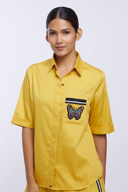 Pallavi Swadi_Yellow Cotton Satin Embroidery Collared Pocket Shirt And Shorts Set_Online_at_Aza_Fashions