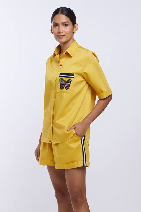 Buy_Pallavi Swadi_Yellow Cotton Satin Embroidery Collared Pocket Shirt And Shorts Set_Online_at_Aza_Fashions