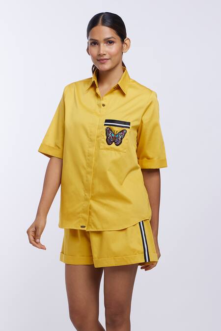Shop_Pallavi Swadi_Yellow Cotton Satin Embroidery Collared Pocket Shirt And Shorts Set_Online_at_Aza_Fashions