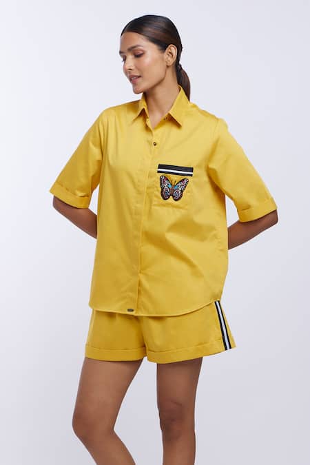 Pallavi Swadi_Yellow Cotton Satin Embroidery Collared Pocket Shirt And Shorts Set_at_Aza_Fashions
