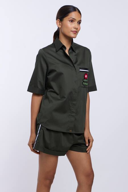 Shop_Pallavi Swadi_Green Cotton Satin Embroidery Collared Pocket Thread Shirt And Shorts Set_Online_at_Aza_Fashions