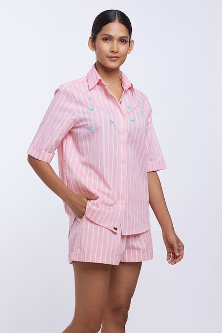 Buy_Pallavi Swadi_Peach Cotton Satin Embroidery Collared Striped Pattern Shirt And Shorts Set_Online_at_Aza_Fashions