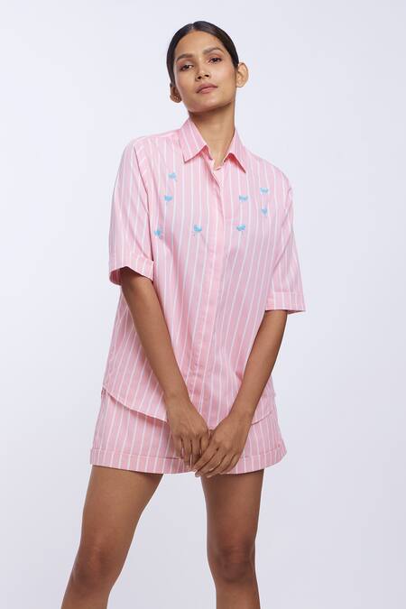 Shop_Pallavi Swadi_Peach Cotton Satin Embroidery Collared Striped Pattern Shirt And Shorts Set_Online_at_Aza_Fashions